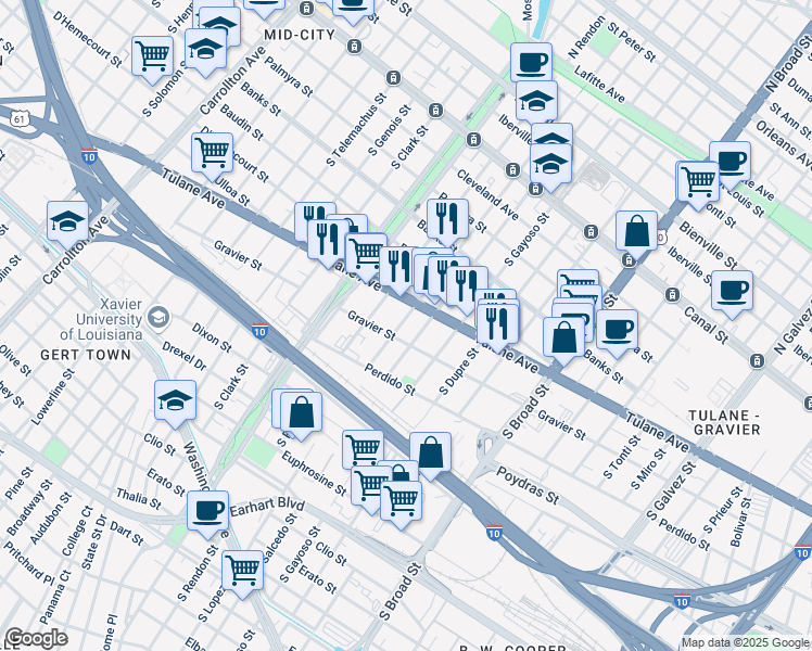 map of restaurants, bars, coffee shops, grocery stores, and more near 3130 Tulane Avenue in New Orleans