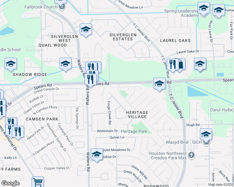 map of restaurants, bars, coffee shops, grocery stores, and more near 2619 Chestnut Mills Road in Houston