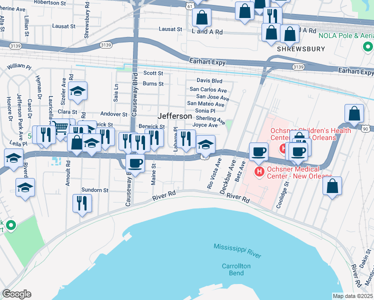 map of restaurants, bars, coffee shops, grocery stores, and more near 2309 Neely Street in Jefferson