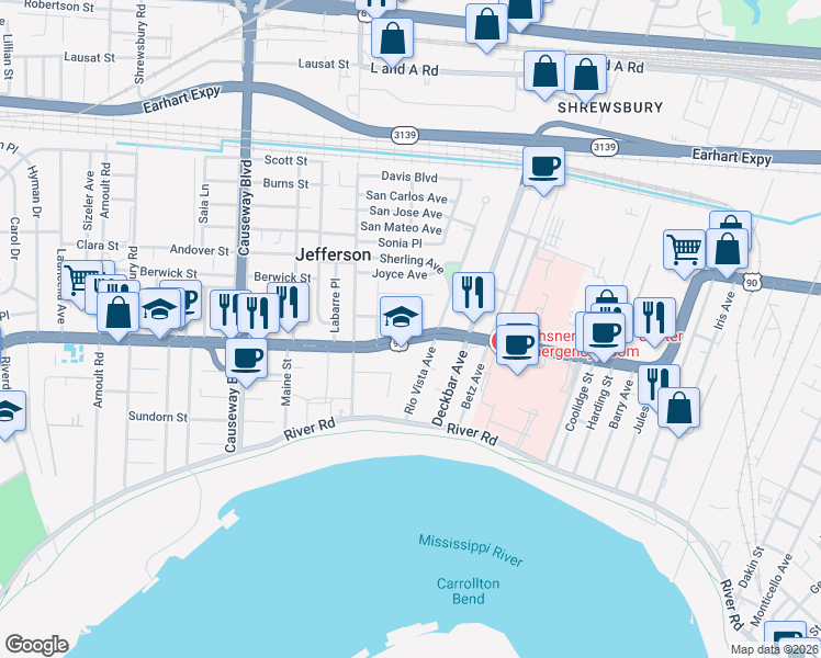 map of restaurants, bars, coffee shops, grocery stores, and more near 2117 Neely Street in Jefferson