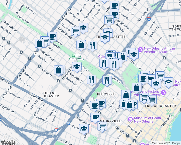 map of restaurants, bars, coffee shops, grocery stores, and more near 1901 Saint Louis Street in New Orleans