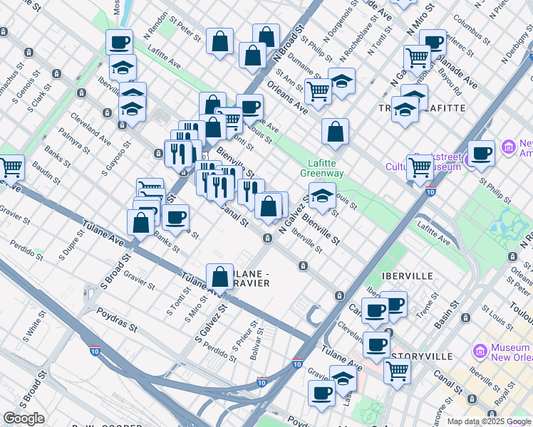 map of restaurants, bars, coffee shops, grocery stores, and more near 2313 Iberville Street in New Orleans