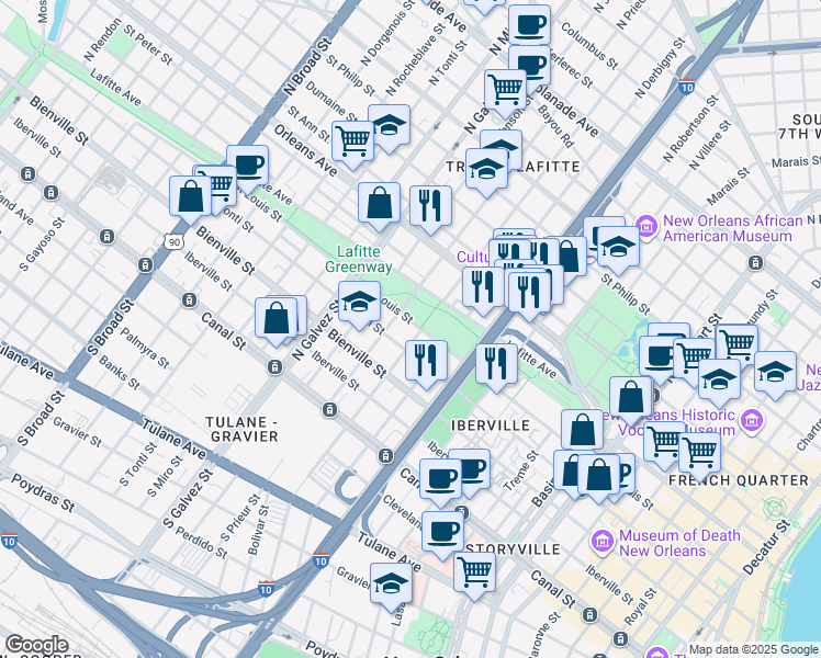map of restaurants, bars, coffee shops, grocery stores, and more near 1901 Saint Louis Street in New Orleans