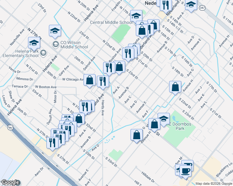 map of restaurants, bars, coffee shops, grocery stores, and more near 2603 Avenue A in Nederland