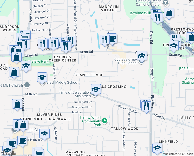 map of restaurants, bars, coffee shops, grocery stores, and more near 12911 Bramford Pointe Lane in Houston