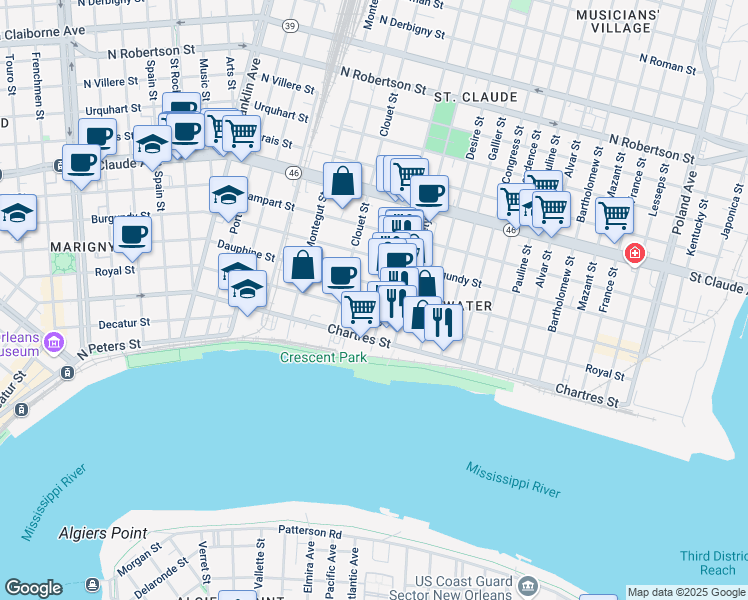 map of restaurants, bars, coffee shops, grocery stores, and more near 3162 Dauphine Street in New Orleans