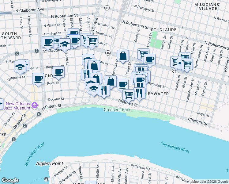 map of restaurants, bars, coffee shops, grocery stores, and more near 3027 Royal Street in New Orleans