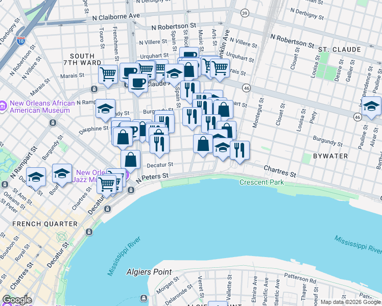 map of restaurants, bars, coffee shops, grocery stores, and more near 2511 Chartres Street in New Orleans