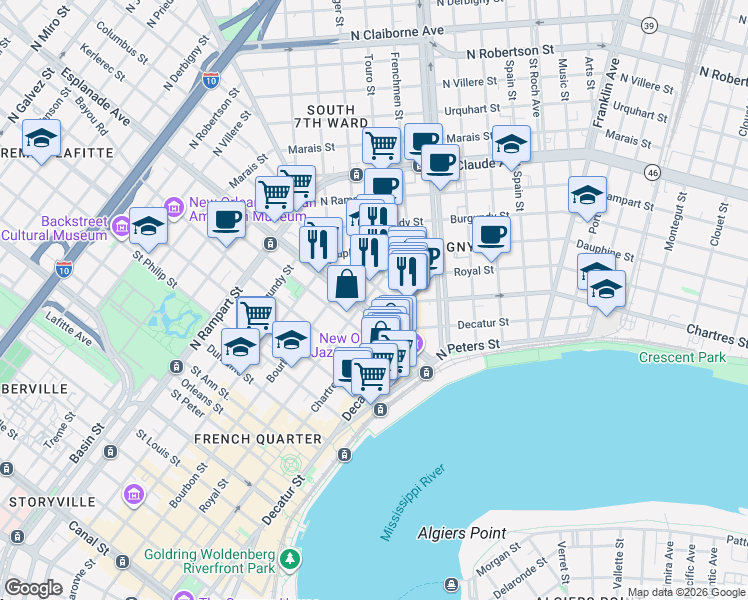 map of restaurants, bars, coffee shops, grocery stores, and more near 719 Esplanade Avenue in New Orleans