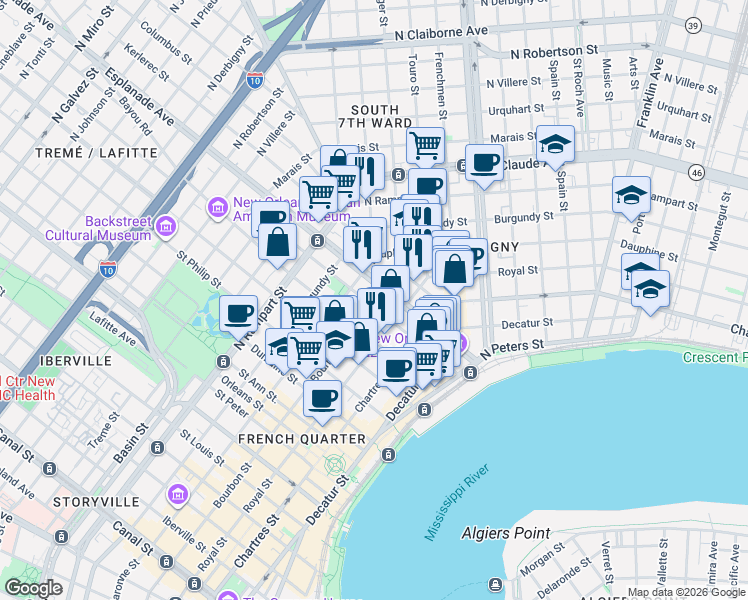 map of restaurants, bars, coffee shops, grocery stores, and more near in New Orleans