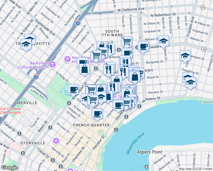 map of restaurants, bars, coffee shops, grocery stores, and more near in New Orleans