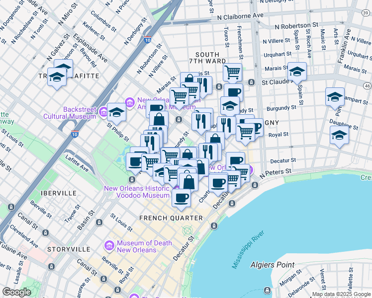 map of restaurants, bars, coffee shops, grocery stores, and more near 1219 Dauphine Street in New Orleans