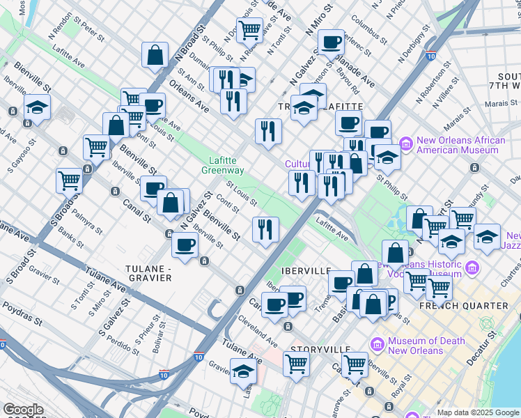 map of restaurants, bars, coffee shops, grocery stores, and more near 1901 Saint Louis Street in New Orleans