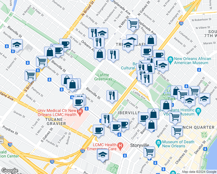 map of restaurants, bars, coffee shops, grocery stores, and more near 1901 Saint Louis Street in New Orleans