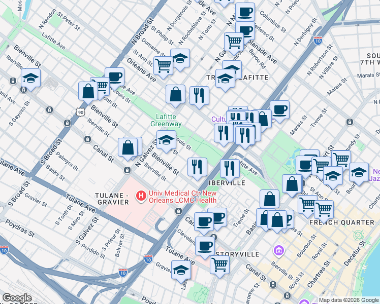 map of restaurants, bars, coffee shops, grocery stores, and more near 1901 Saint Louis Street in New Orleans