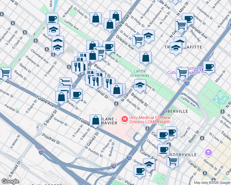map of restaurants, bars, coffee shops, grocery stores, and more near 2313 Iberville Street in New Orleans