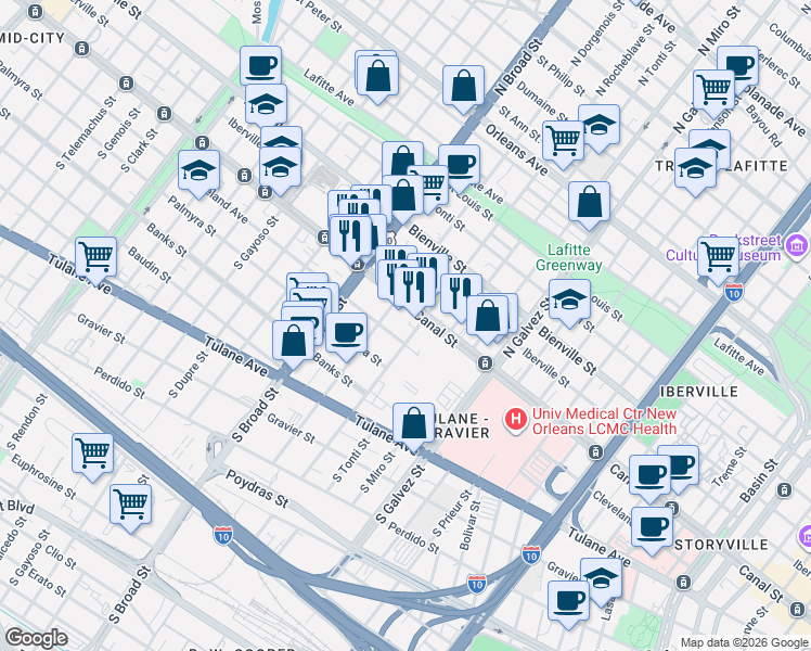 map of restaurants, bars, coffee shops, grocery stores, and more near 2518 Canal Street in New Orleans