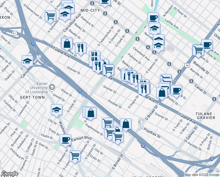 map of restaurants, bars, coffee shops, grocery stores, and more near 3326 Tulane Avenue in New Orleans