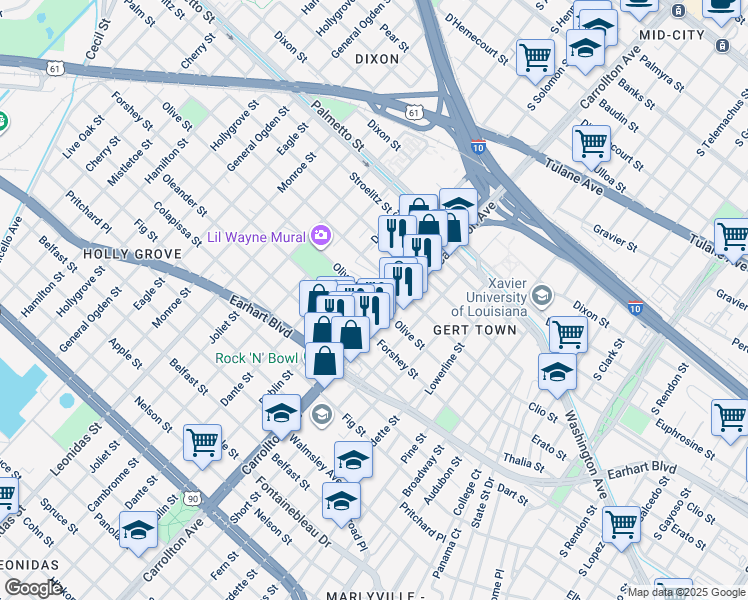 map of restaurants, bars, coffee shops, grocery stores, and more near 8212-8248 Olive St in New Orleans
