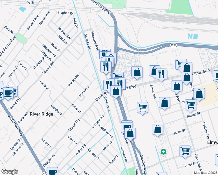 map of restaurants, bars, coffee shops, grocery stores, and more near 1725 Hickory Avenue in Harahan