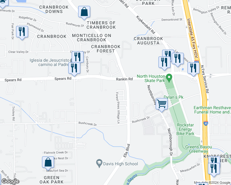 map of restaurants, bars, coffee shops, grocery stores, and more near 13567 Forest Pines Village Lane in Houston