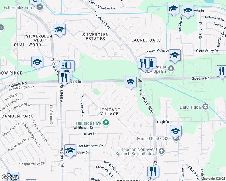 map of restaurants, bars, coffee shops, grocery stores, and more near 2406 Brandy Mill Road in Houston
