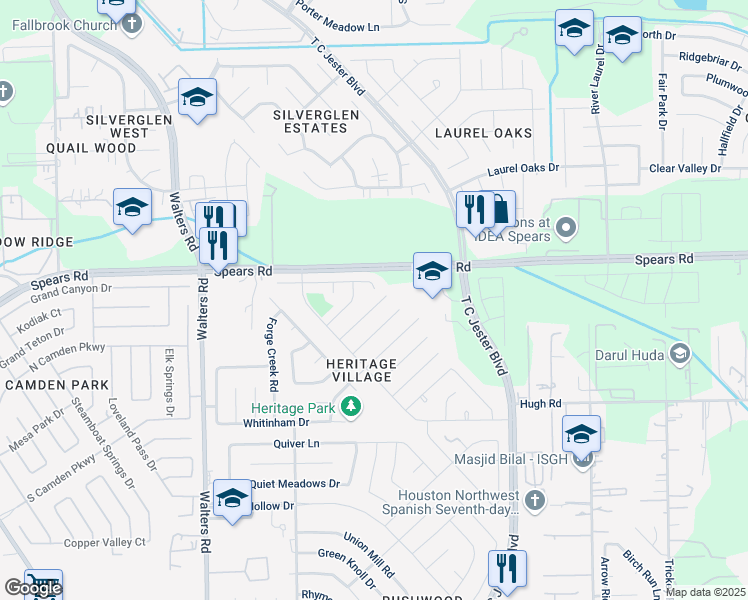 map of restaurants, bars, coffee shops, grocery stores, and more near 2406 Brandy Mill Road in Houston