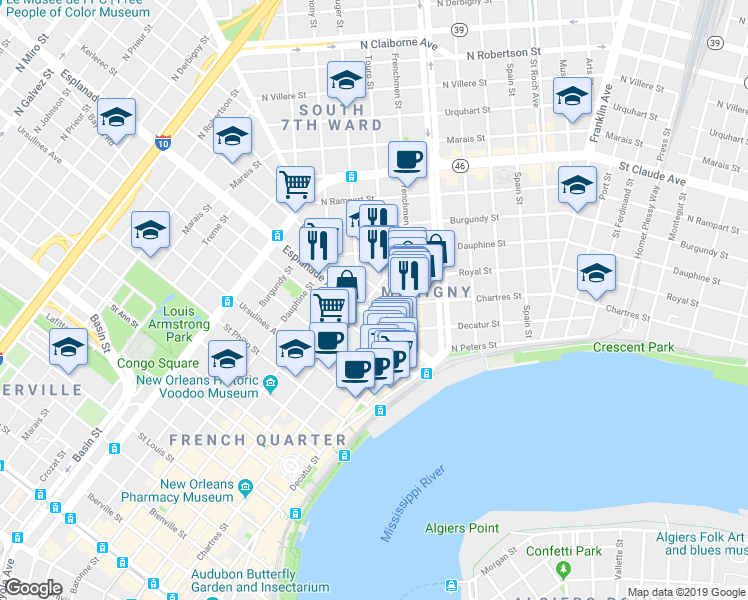 map of restaurants, bars, coffee shops, grocery stores, and more near 719 Esplanade Avenue in New Orleans