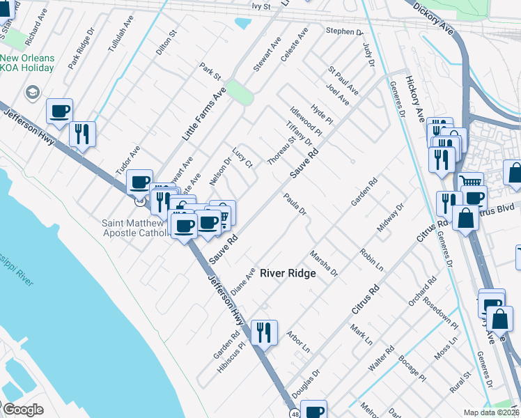 map of restaurants, bars, coffee shops, grocery stores, and more near 194 Sauve Road in River Ridge