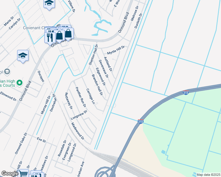 map of restaurants, bars, coffee shops, grocery stores, and more near 32 Dunleith Drive in Destrehan