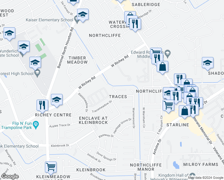 map of restaurants, bars, coffee shops, grocery stores, and more near 12627 Tracewood Lane in Houston