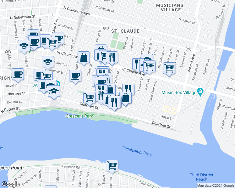 map of restaurants, bars, coffee shops, grocery stores, and more near in New Orleans