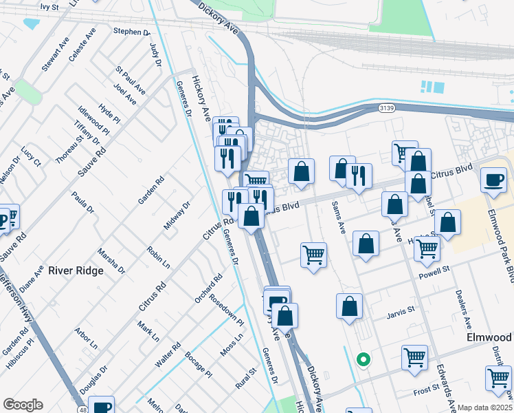 map of restaurants, bars, coffee shops, grocery stores, and more near 5861 Citrus Boulevard in Elmwood