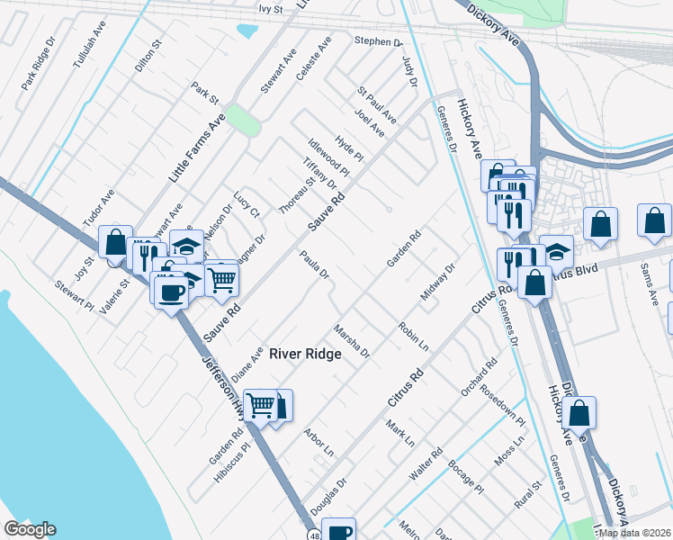 map of restaurants, bars, coffee shops, grocery stores, and more near 9929 Paula Drive in River Ridge