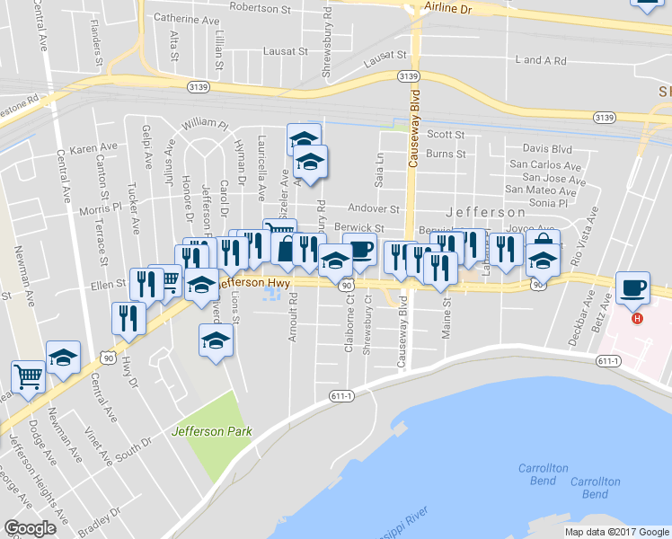 map of restaurants, bars, coffee shops, grocery stores, and more near 160 Rencopas Court in Jefferson
