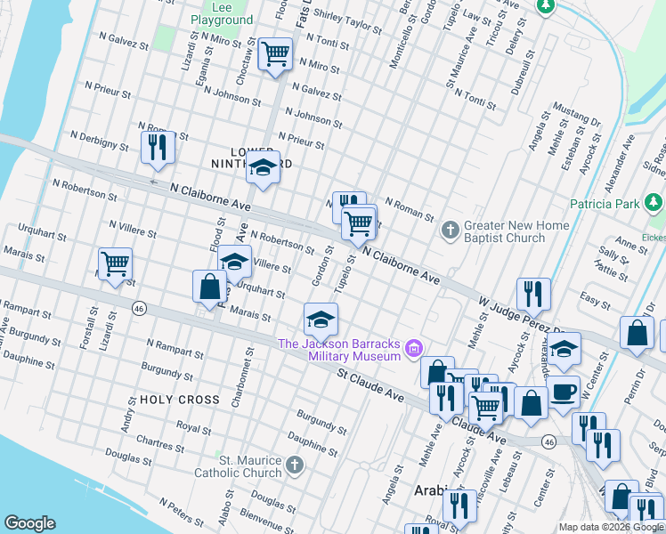 map of restaurants, bars, coffee shops, grocery stores, and more near 1434 Gordon Street in New Orleans
