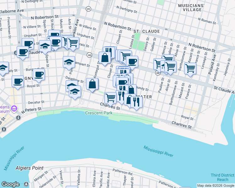 map of restaurants, bars, coffee shops, grocery stores, and more near 3162 Dauphine Street in New Orleans