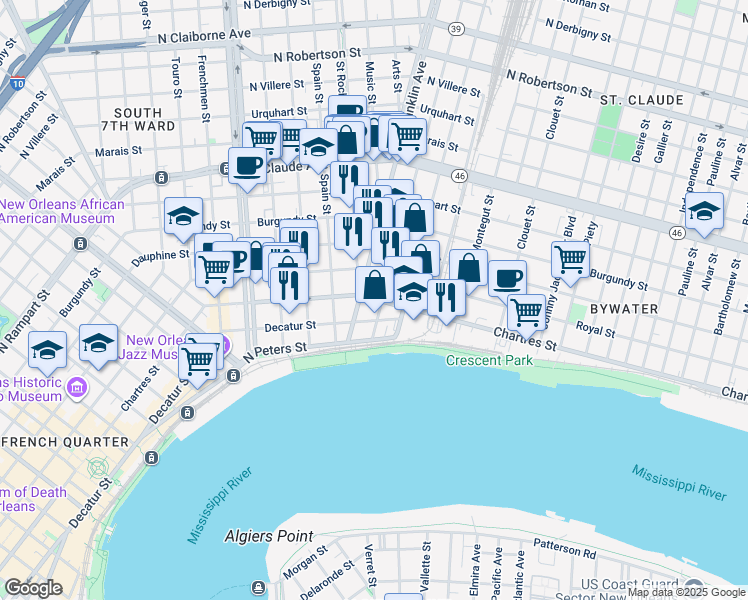 map of restaurants, bars, coffee shops, grocery stores, and more near 2623 Chartres Street in New Orleans