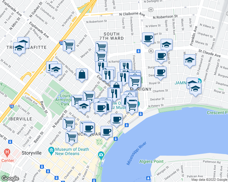 map of restaurants, bars, coffee shops, grocery stores, and more near in New Orleans