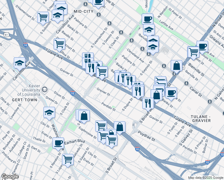 map of restaurants, bars, coffee shops, grocery stores, and more near 3130 Tulane Avenue in New Orleans