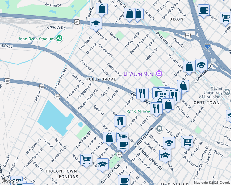 map of restaurants, bars, coffee shops, grocery stores, and more near in New Orleans