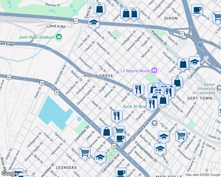 map of restaurants, bars, coffee shops, grocery stores, and more near in New Orleans