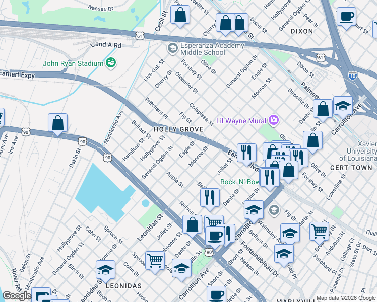 map of restaurants, bars, coffee shops, grocery stores, and more near 2822 Eagle Street in New Orleans