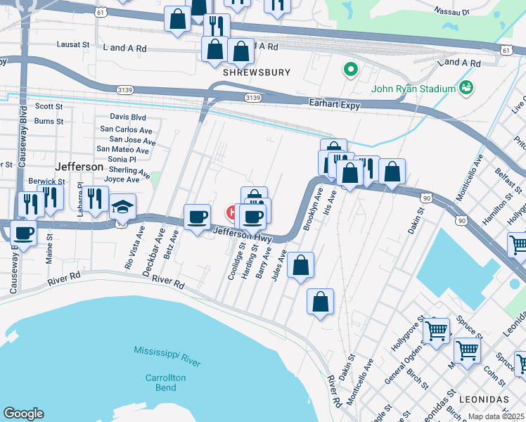 map of restaurants, bars, coffee shops, grocery stores, and more near 338 Coolidge Street in Jefferson