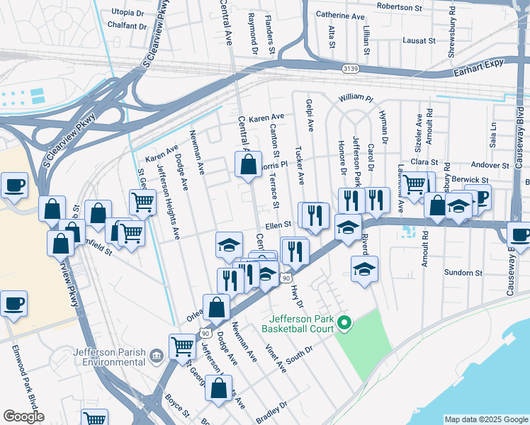 map of restaurants, bars, coffee shops, grocery stores, and more near 625 Central Avenue in Jefferson