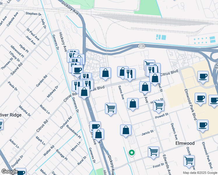 map of restaurants, bars, coffee shops, grocery stores, and more near 5801-5811 Citrus Boulevard in Elmwood