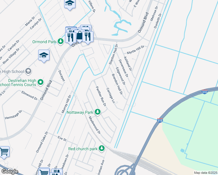map of restaurants, bars, coffee shops, grocery stores, and more near 48 Carriage Lane in Destrehan