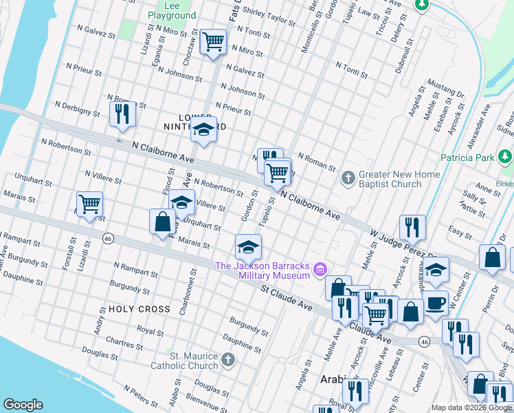 map of restaurants, bars, coffee shops, grocery stores, and more near 1434 Gordon Street in New Orleans