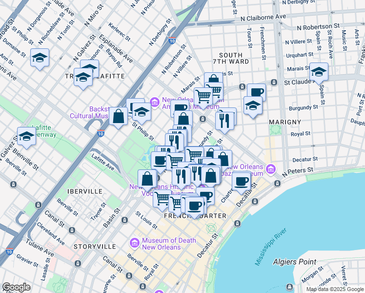 map of restaurants, bars, coffee shops, grocery stores, and more near N Rampart St & Ursulines Ave in New Orleans