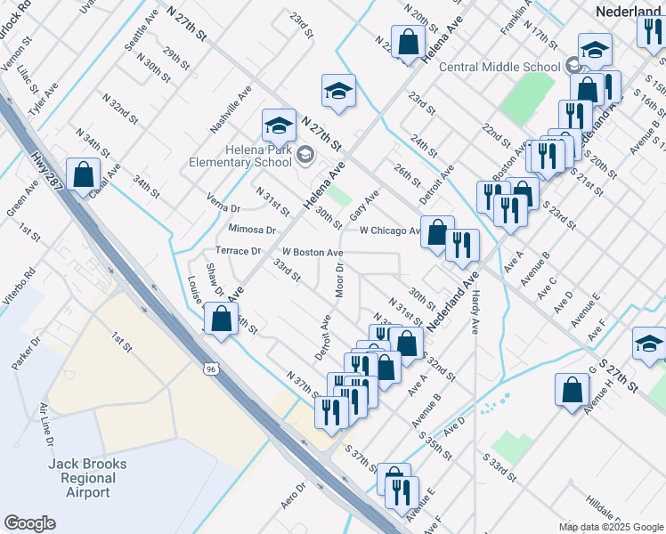 map of restaurants, bars, coffee shops, grocery stores, and more near 3112 Moor Drive in Nederland